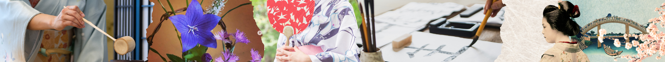 hishaku, ikebana, uchiwa, calligraphie et femme japonaise devant l'estampe "Le pont Mannen à Fukugawa" de Hokusai.