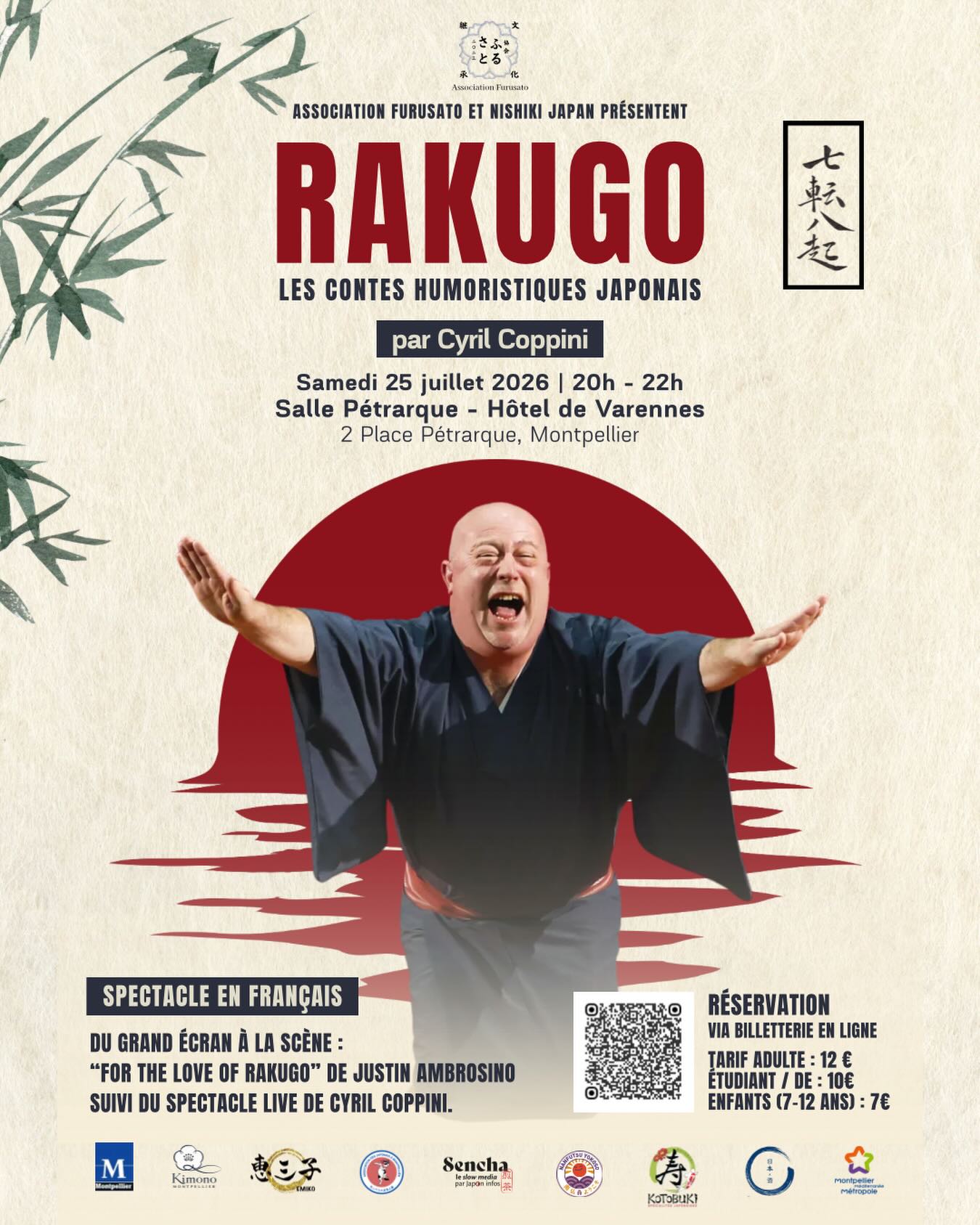 🎭 OUVERTURE BILLETTERIE : Soirée Rakugo : Les contes humoristiques japonais par Cyril Coppini 🔥

Le Rakugo, c’est l’art japonais du conte humoristique où un seul narrateur, assis en seiza, incarne plusieurs personnages grâce à la voix et au geste. En deux accessoires et beaucoup de talent, les histoires prennent vie et déclenchent les émotions ! 

👉 Nous vous proposons une soirée spéciale Rakugo dans le cadre de la 3eme édition de Nishiki Japan avec la diffusion du court métrage « For the Love of Rakugo » de Justin Ambrosino, seulement pour la 2eme fois en France suivi d’un spectacle live de @cyrilcoppinirakugo !

✨ Avec la présence exceptionnelle de Cyril Coppini !
✨ Tarif Early Bird : 9€ pour les 30 premières places jusqu’à 4 juillet !

🗓️ Samedi 25 juillet à 20h 
🎟️ Réservations via le lien en bio 

Une soirée rare, immersive et dédié à l’authenticité des traditions japonaises! 

Merci à nos partenaires pour rendre cette soirée possible : 
@asso.japonais.mtp34 @emiko_mtp @kimono_montpellier @kotobukispecialitejaponaise @sencha.media @japoninfos @goennowa.montpellier @nanfutsu.yokoso @villedemontpellier 

🖌️ Merci à @lilipinceaux pour cette belle affiche !

🎭 チケット販売開始！落語の夕べ：シリル・コッピーニによるユーモラスな日本の物語 🔥

落語は、正座した一人の語り手が声と身振りで複数の登場人物を演じ分ける、日本の伝統的なユーモラスな物語の語り方です。たった二つの小道具と卓越した才能だけで、物語は生き生きと展開し、観客に強い感動を与えます！

👉 ニシキ・ジャパン第3回開催の一環として、特別な落語の夕べにご招待いたします。ジャスティン・アンブロシーノ監督の短編映画「落語への愛」（フランスでは2度目の上映）の上映後、@cyrilcoppinirakugo による落語の生演奏をお楽しみください！

✨ シリル・コッピーニ氏を特別ゲストにお迎えします！

✨ 早割価格：7月4日まで先着30枚限定で9ユーロ！

🗓️ 7月25日（土）午後8時
�